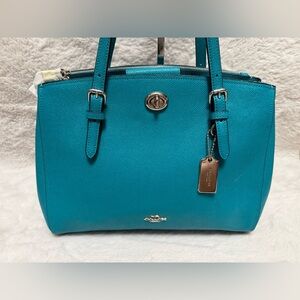 Coach Turn lock Turquoise Leather Structured Shoulder Bag with Silver Hardware